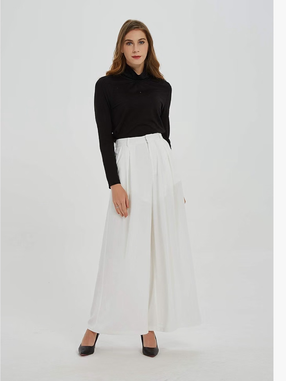 Tronjori High Waist Casual Wide Leg Palazzo Business Pants Slacks White Sz M